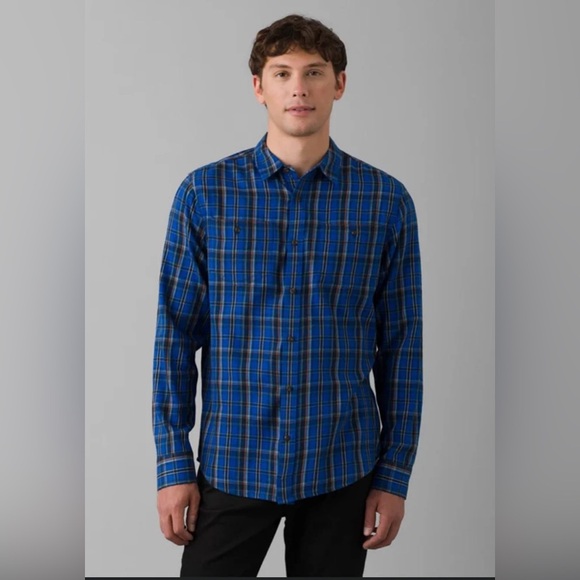 Prana Shirt Mens Small Tall Dolberg Blue Plaid Flannel Long Sleeve Button Up - Picture 1 of 3